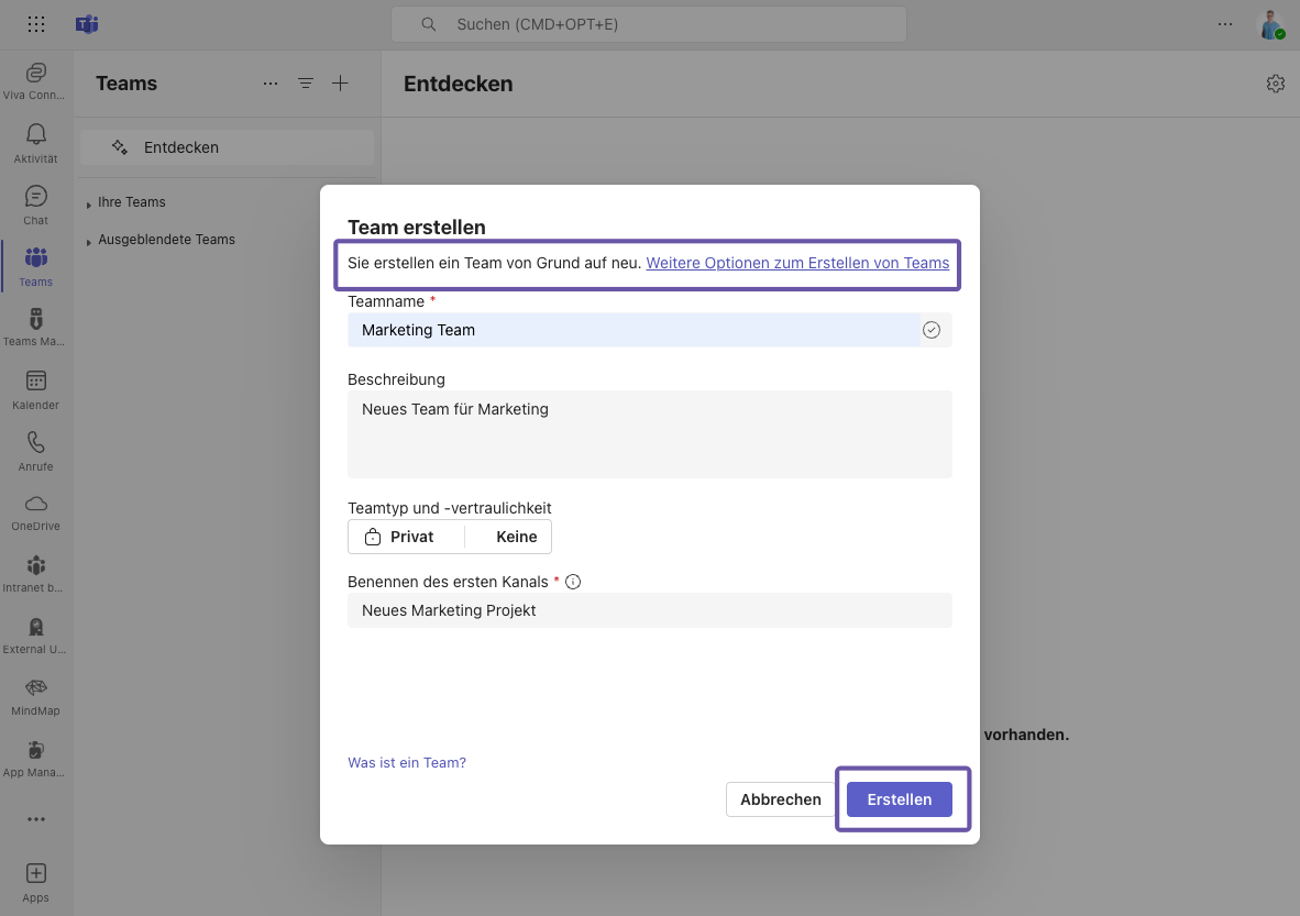 Provionierung von Teams in Microsoft Teams