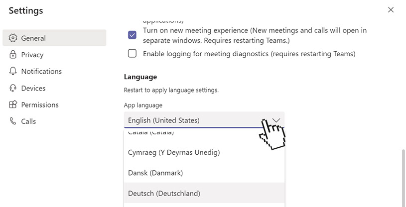 Choose language in Microsoft Teams