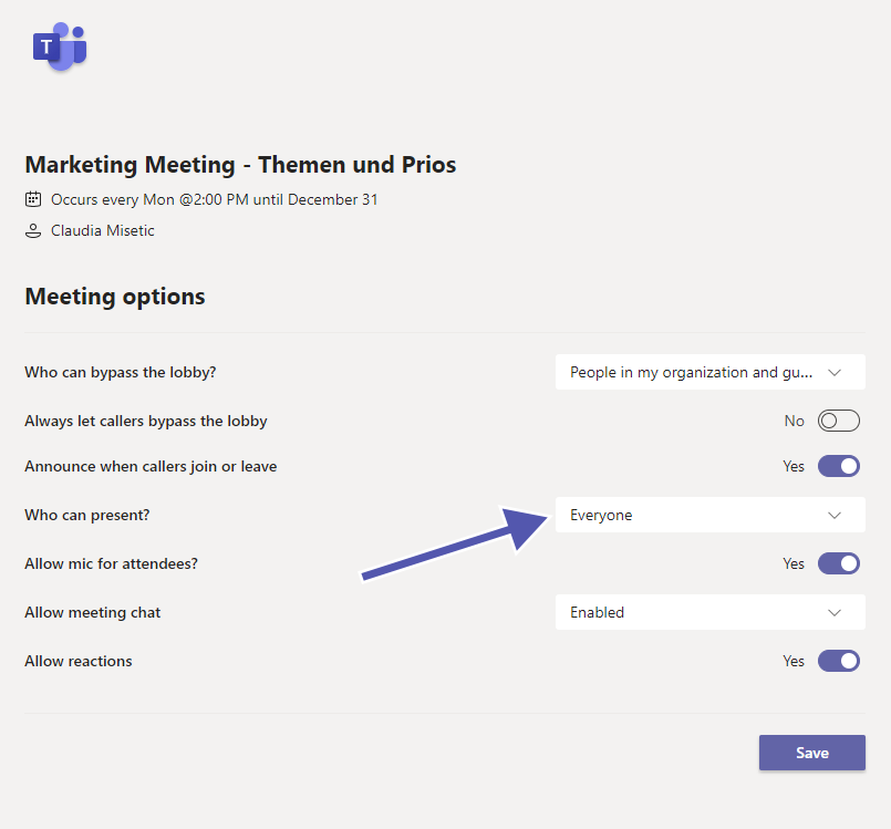 Microsoft Teams page meeting options
