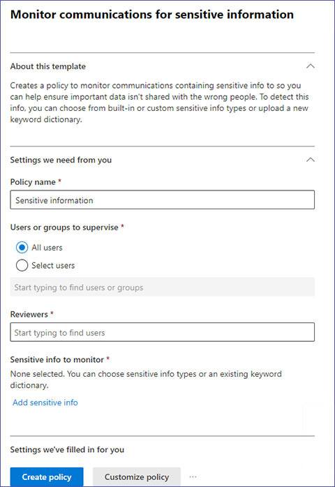 Communication compliance for sensitive information
