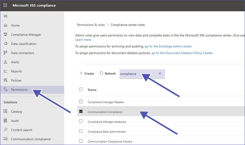 Compliance center permissions