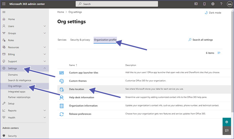 Data location in Microsoft 365 admin center