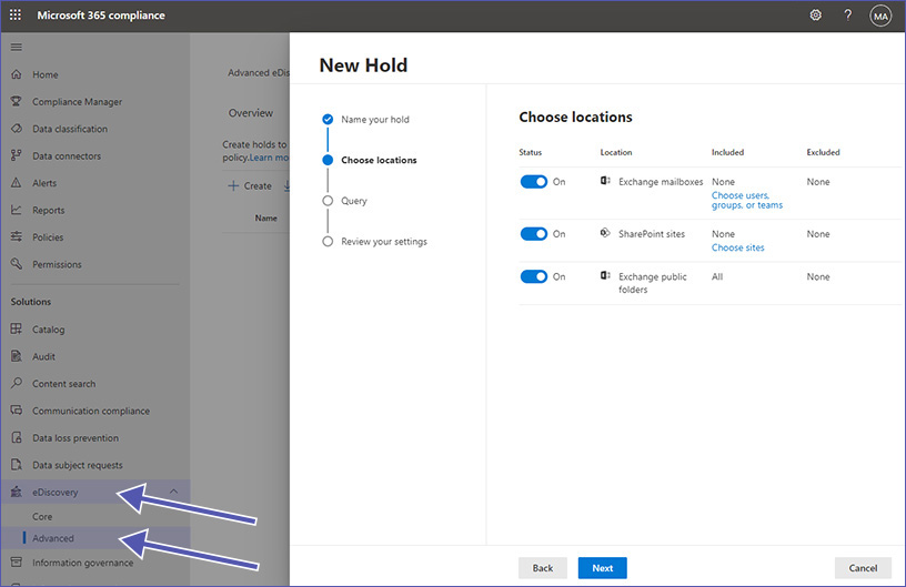 Microsoft Advanced eDiscovery: Choose locations for hold