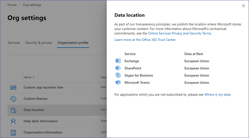 Organization profile: Data location