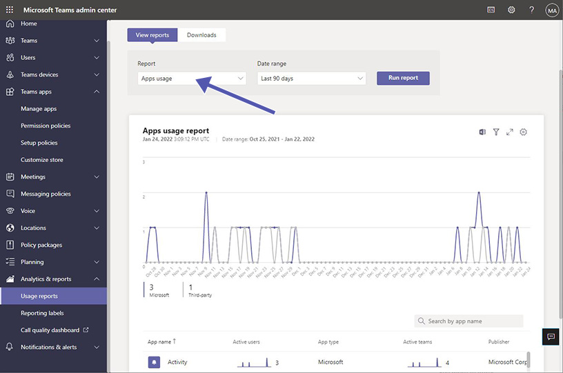Berichte zur Nutzung von Apps in Microsoft Teams