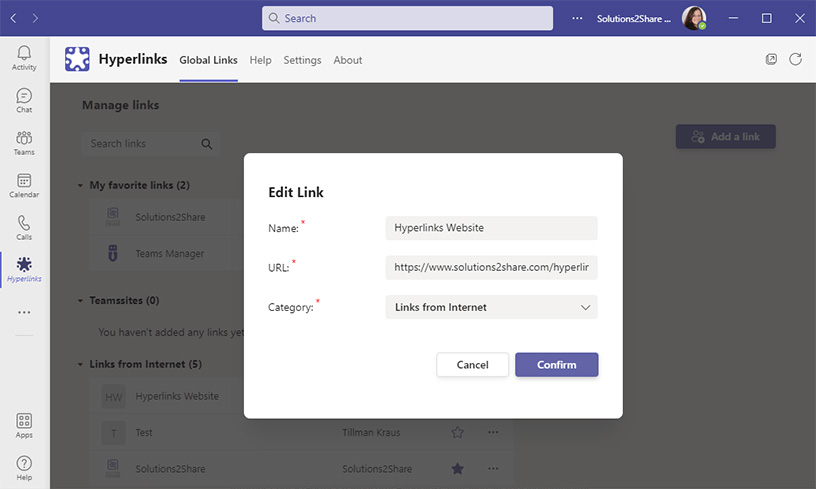 Add a link as bookmark in Microsoft Teams with Hyperlinks