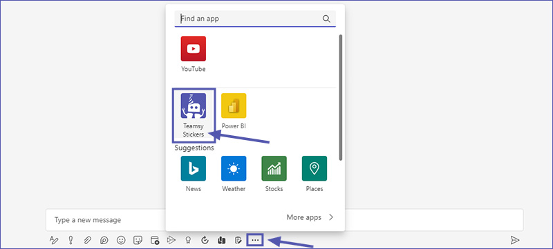 After the installation, find Teamsy Stickers in the messaging extensions.