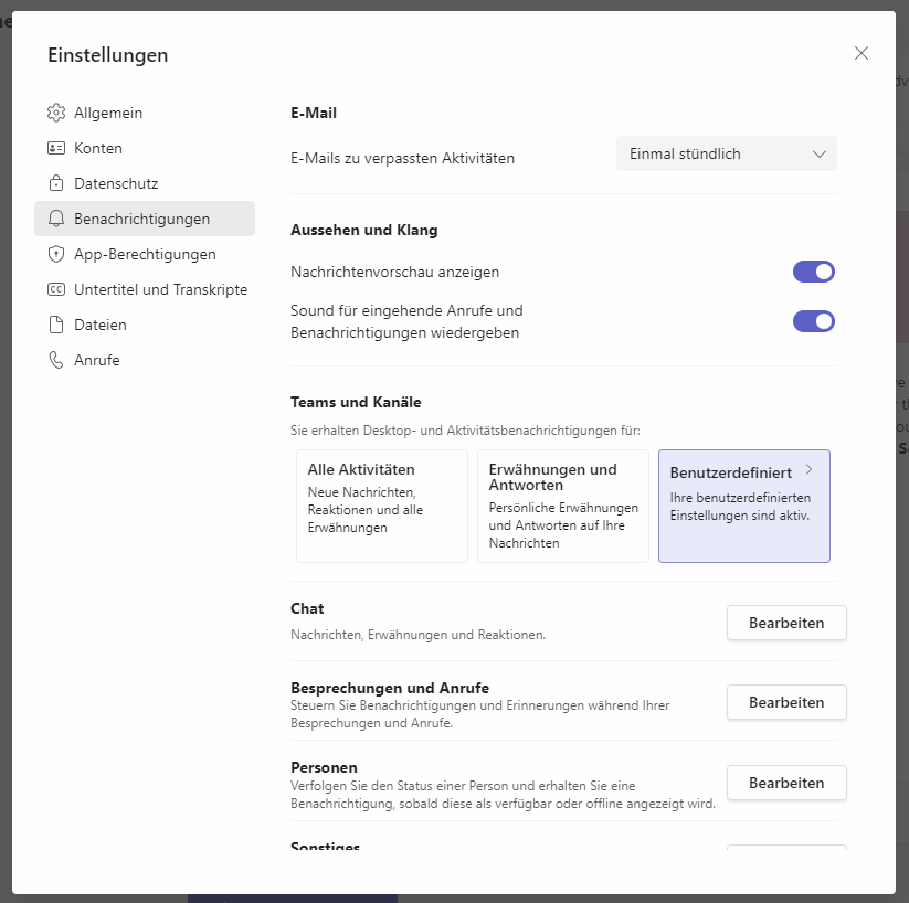 Benachrichtigungs-Einstellungen in Microsoft Teams
