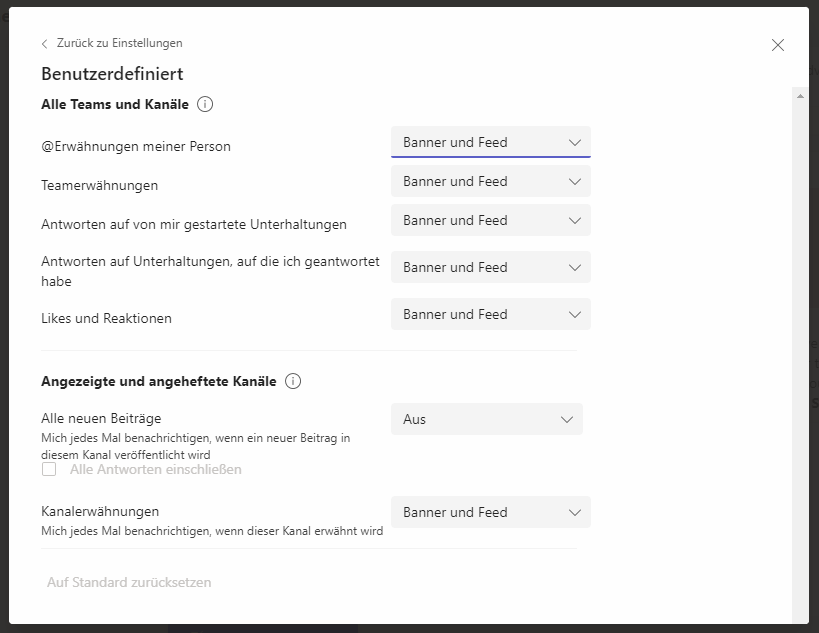 Benutzerdefinierte Einstellungen für Benachrichtigungen in Microsoft Teams