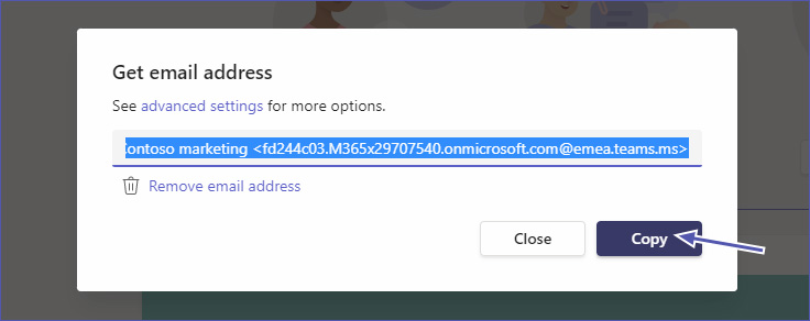 Copy email address of Teams channel