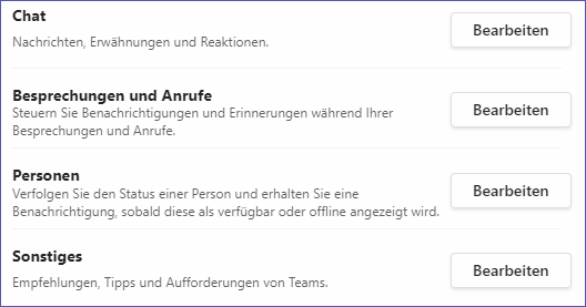 Microsoft Teams Benachrichtigungen für Chats, Besprechungen und Anrufe, Personen etc.