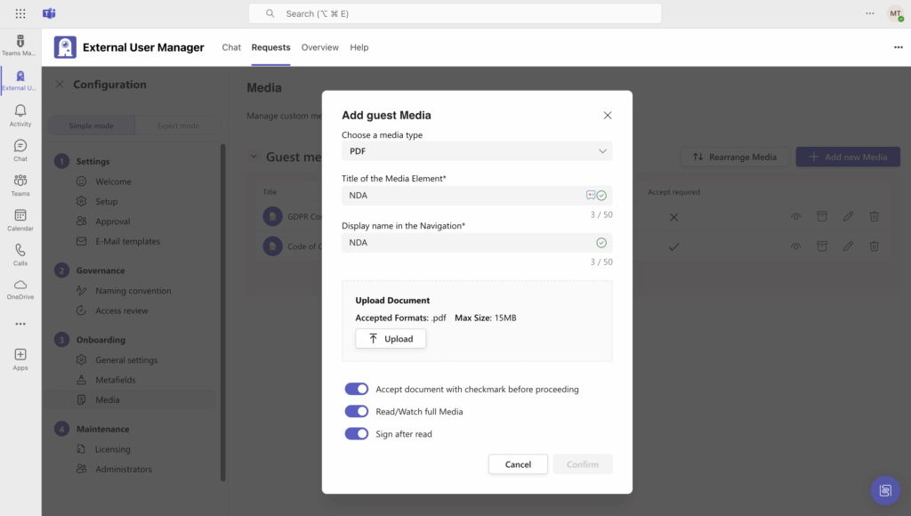 Uploading documents for guests to read and sign in External User Manager