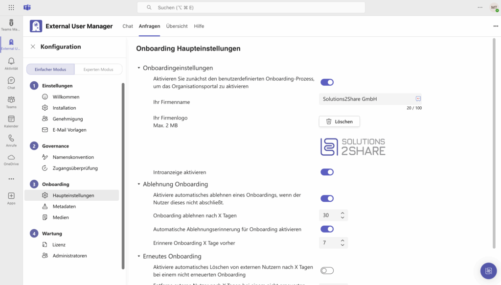 External User Manager Onboarding Einstellungen
