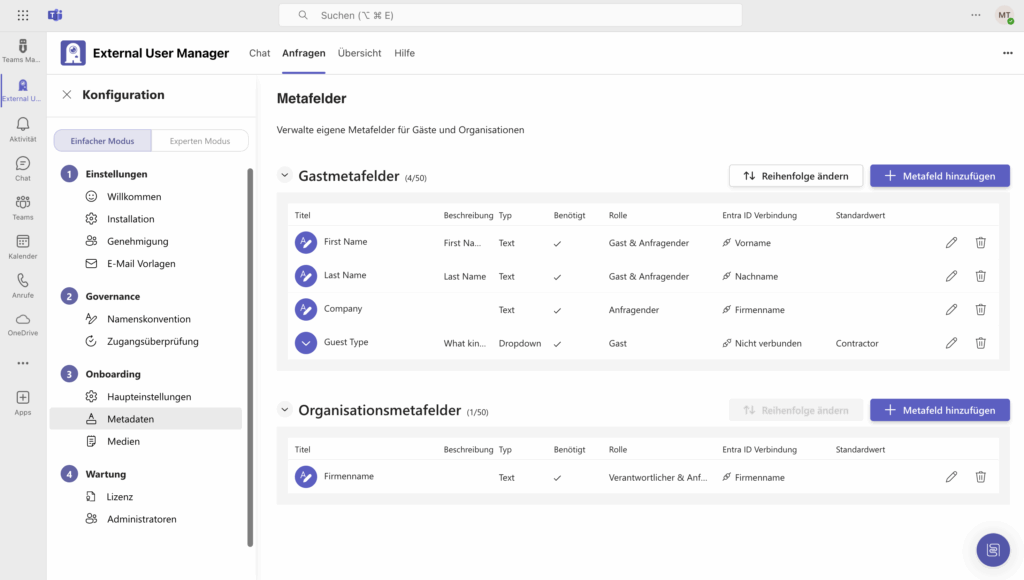 External User Manager Onboarding Metadatenfelder
