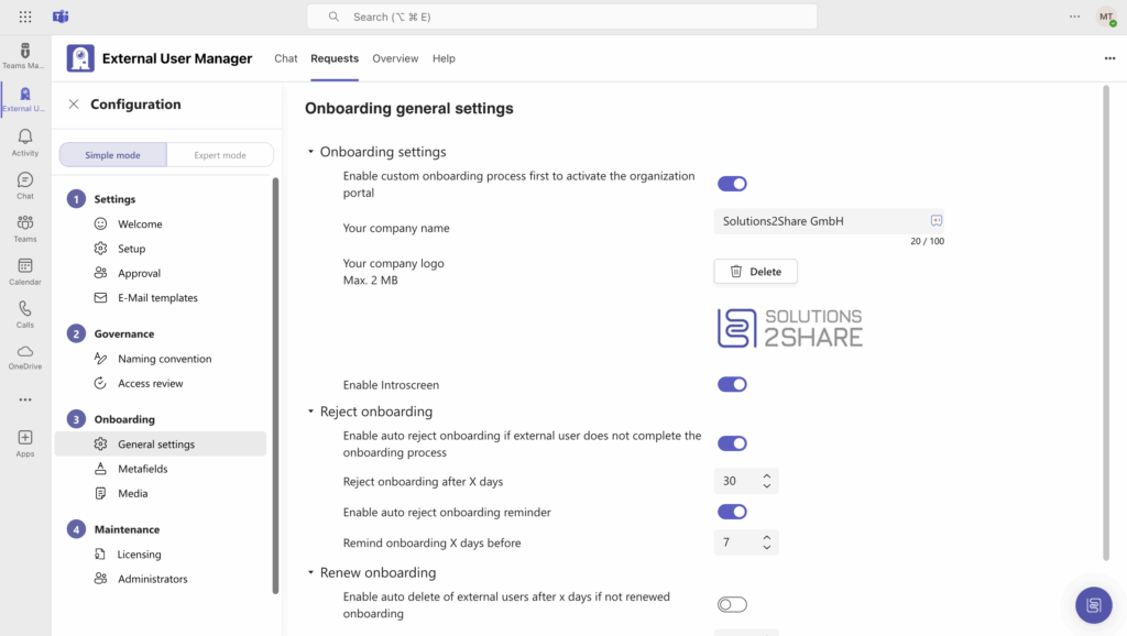 Onboarding settings in External User Manager