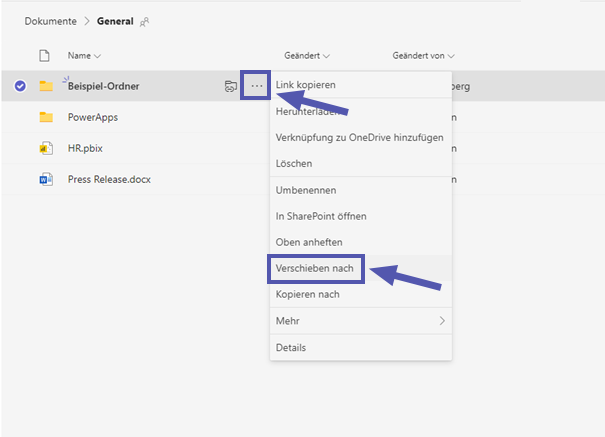 Ordner verschieben in Microsoft Teams