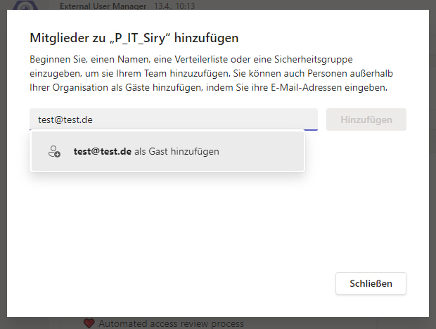 Microsoft Teams: Gast-Emailadresse eingeben
