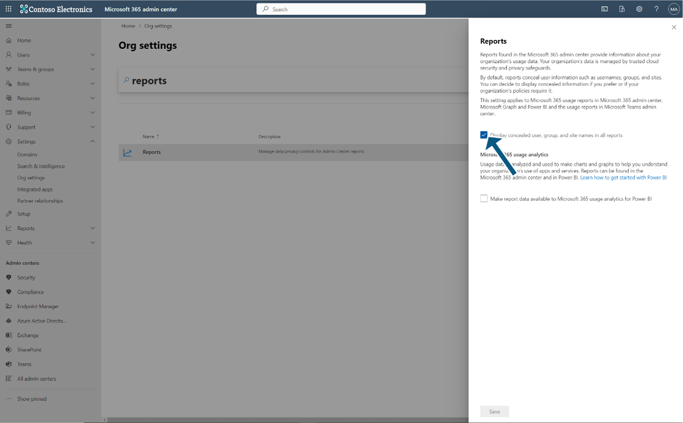 Microsoft 365 Admin Center: Uncheck "Display concealed user, group, and site names in all reports"