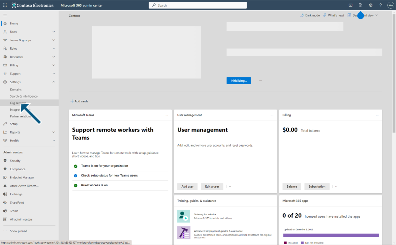 Microsoft 365 Admin Center: Org settings