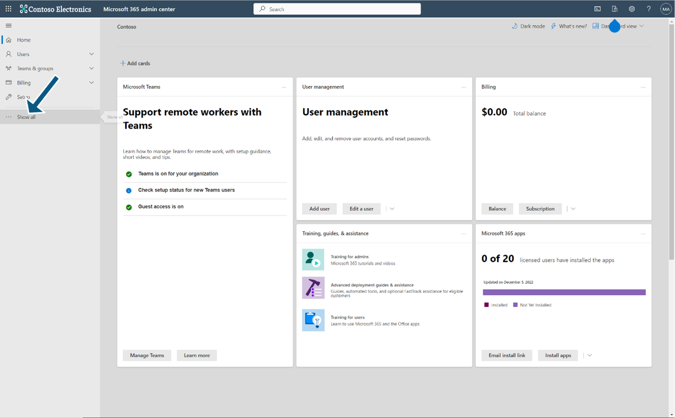 Microsoft 365 Admin Center: Show all