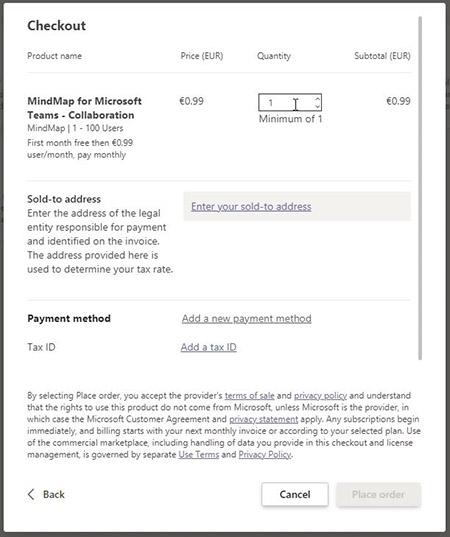 Enter details for purchasing an app in the Microsoft Teams app store