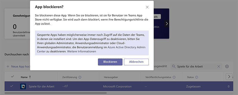 Teams Admin Center: App blockieren
