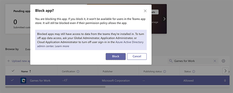 Teams Admin Center: Block App