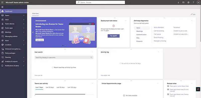 Microsoft Teams Admin Center Startseite