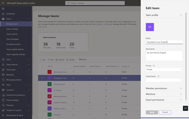 Microsoft Teams Admin Center: edit team profile properties