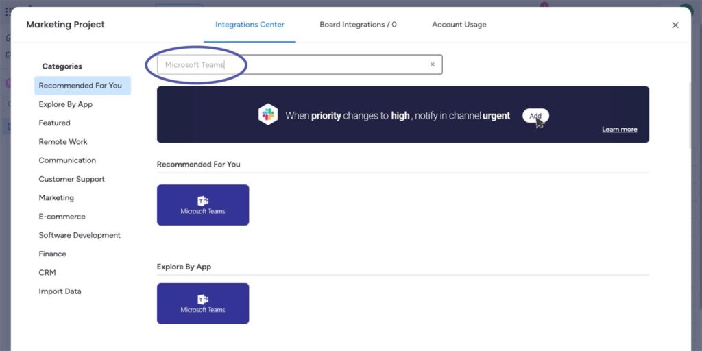 Monday Integration with MS Teams