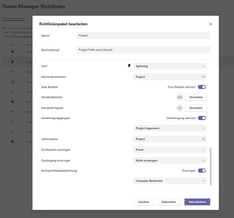 Microsoft Teams Namensregeln für Projekte