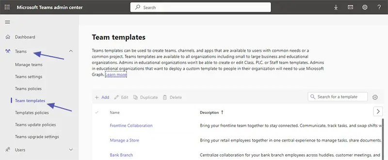 Teams templates in Teams Admin Center