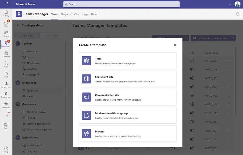 Teams templates in Teams Manager