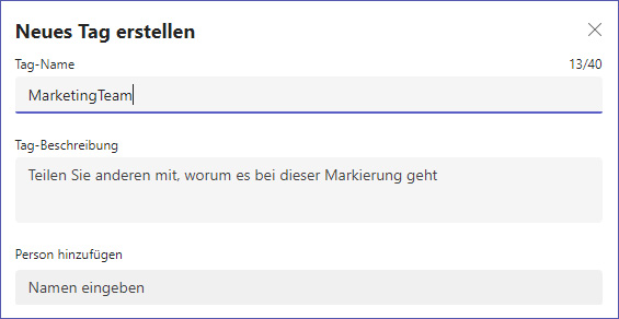 Details zu neuem Tag in Microsoft Teams angeben