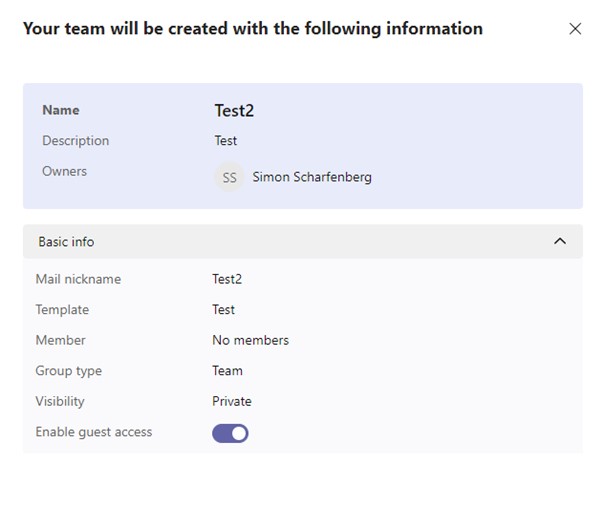 Provisionierung neuer Teams: Übersicht der Teamdaten