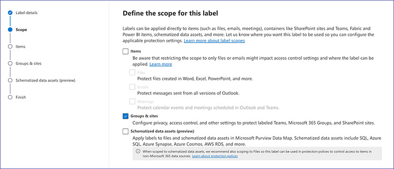 Apply label to groups / sites in Microsoft Compliance Center / Purview