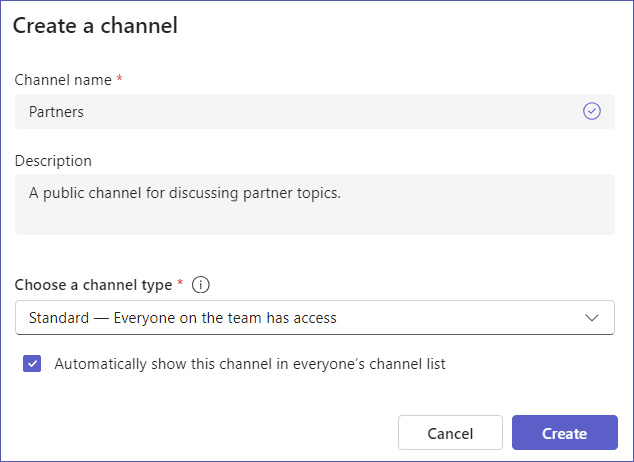 Create new Teams channel: name, description, channel type