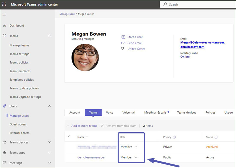 Teams Admin Center: change user role
