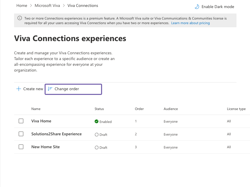 Set Viva Connections experience order