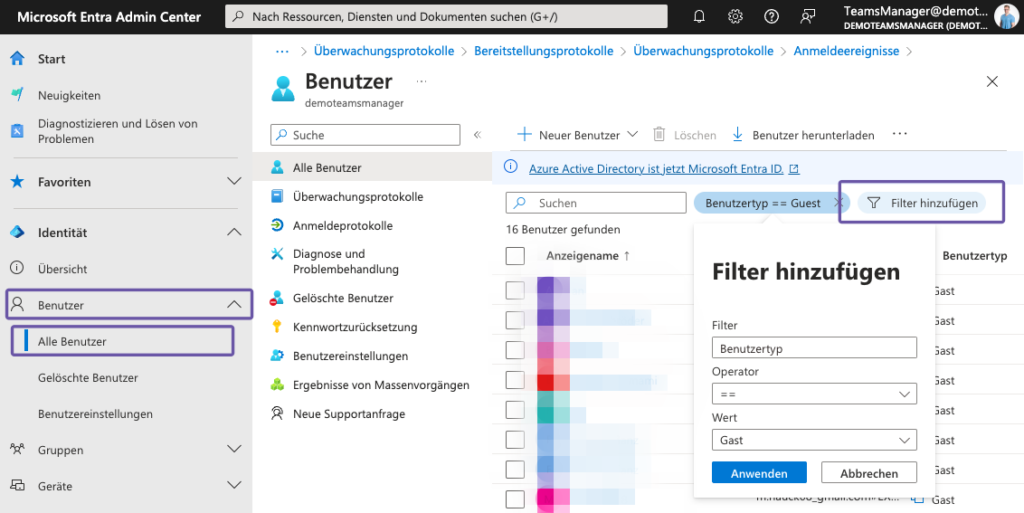 Alle M365 Gäste im Microsoft Entra Admin Center anzeigen