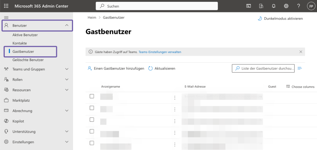 Alle M365 Gäste im Microsoft 365 Admin Center anzeigen