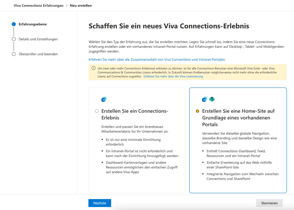 Viva Connections-Erlebnis aus vorhandenem Portal erstellen