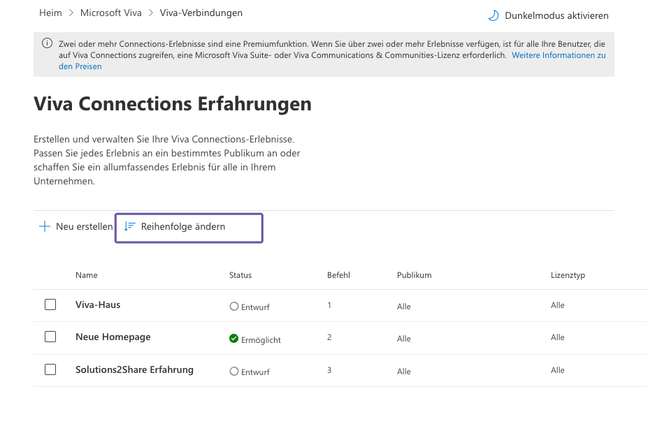 Reihenfolge der Viva Connections Erfahrungen ändern