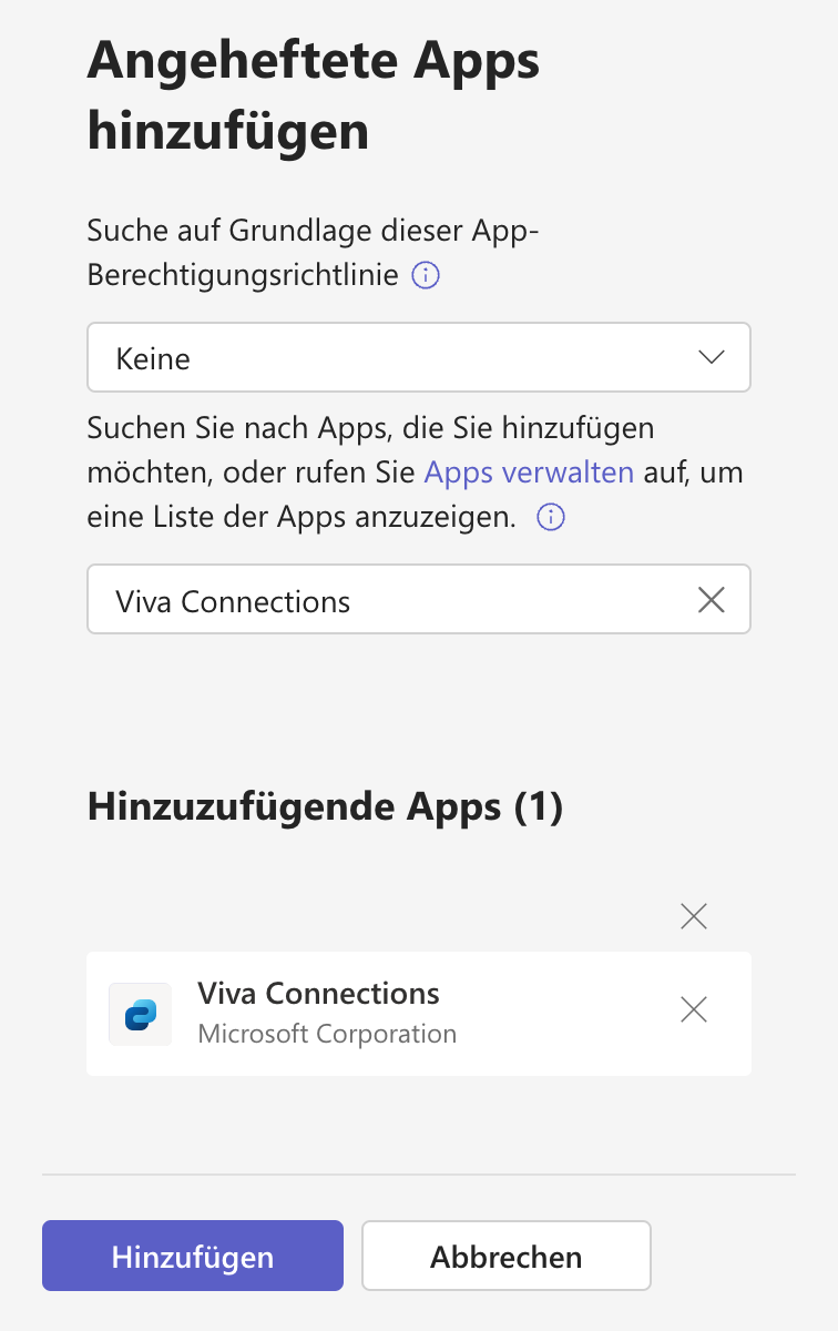 Viva Connections App hinzufügen und in Teams anheften