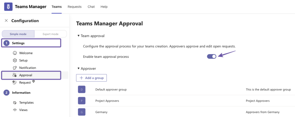 Activate Approval Processes in Teams Manager