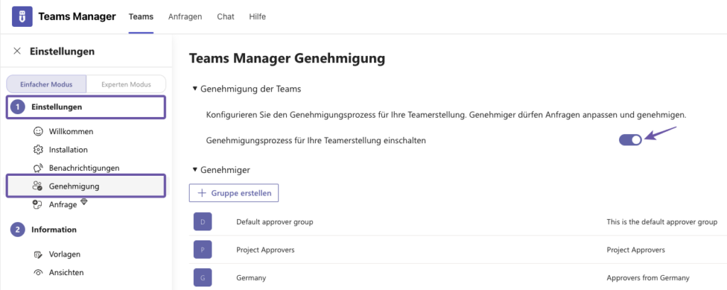 Aktiviere Genehmigungsprozesse mit Teams Manager